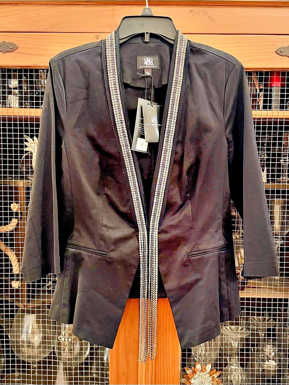 Rock & Republic Black Rhinestone Fringe Blazer NWT Size 14